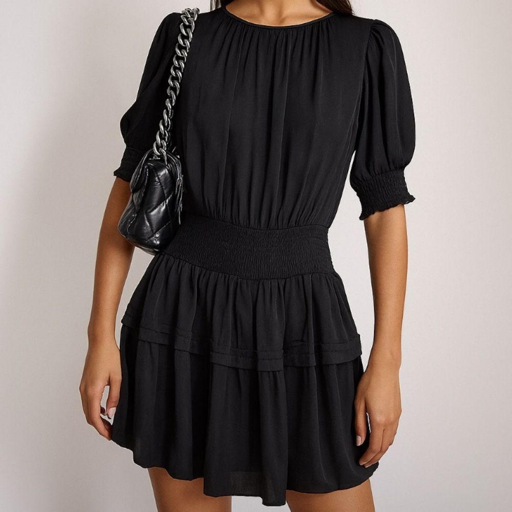 Muche Et Muchette Black Elastic Waist Dress One Size Tiered Puff Sleeve